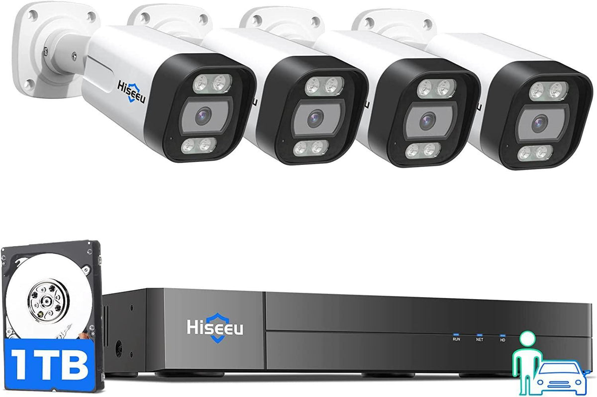 [Person Vehicle Detection] Hiseeu 4K PoE Security Camera System,8 Ports with 4Pcs 5MP IP Security Camera 16CH PoE NVR for Outdoor,Waterproof,Smart Detection/Playback,Home Surveillance Kits 1TB HDD - Hiseeu