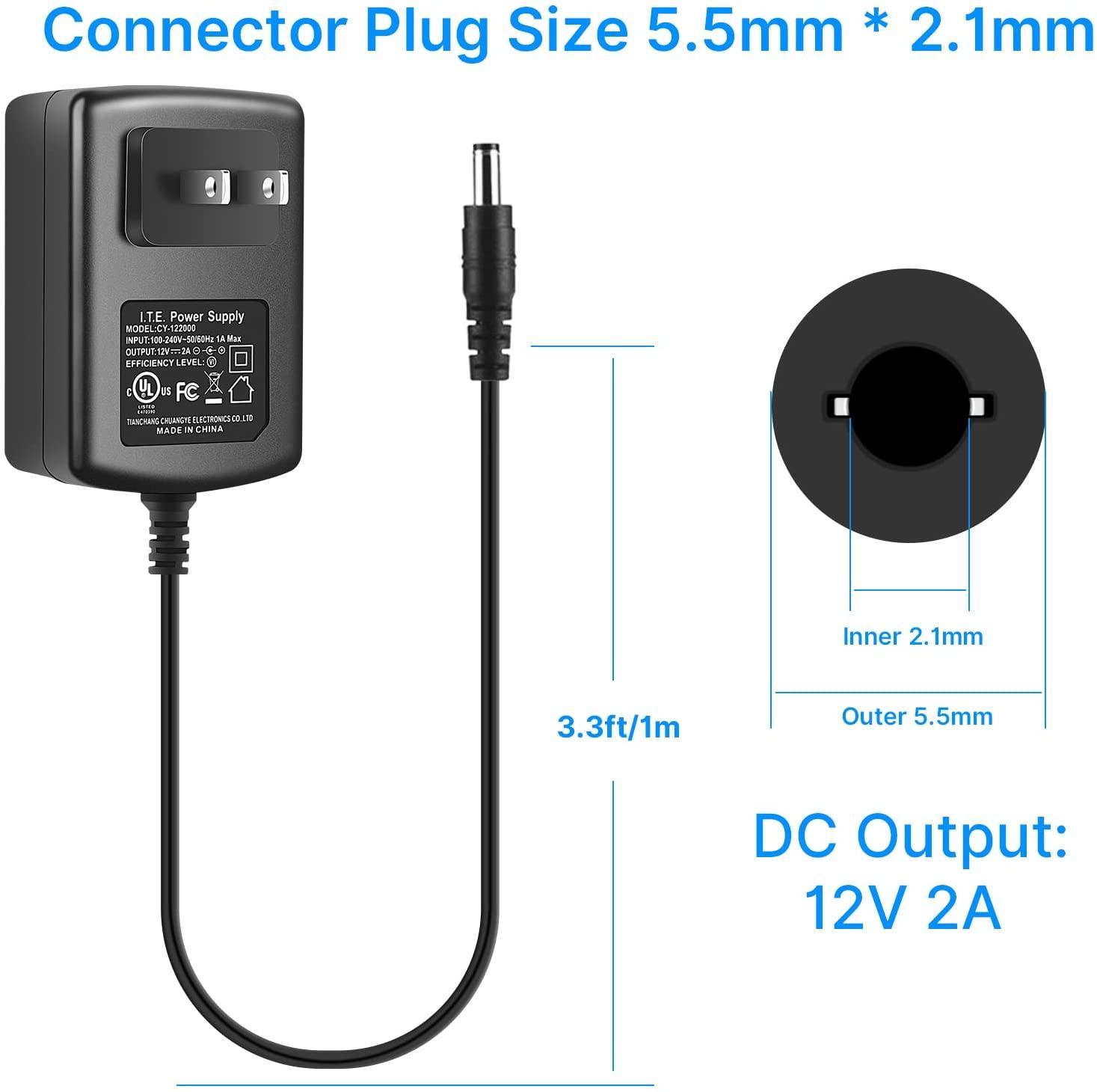 Hiseeu 3ft AC 100-240V to DC 12V 2A Power Supply Adapter Switching for CCTV Cameras DVR NVR LED Strip 5.5mmx2.1mm FCC - Hiseeu