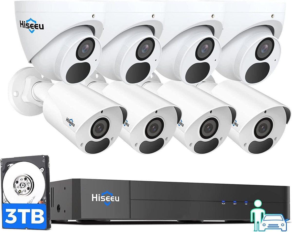 Hiseeu [121° View Angle+ WDR] 4K PoE Security Camera System,8Pcs 8MP Dome/Bullet Cameras Indoor/Outdoor, Person/Human Detect, H.265+IP 67 Waterproof, 100ft Night Vision, 3TB HDD for Home 24/7 Recording - Hiseeu