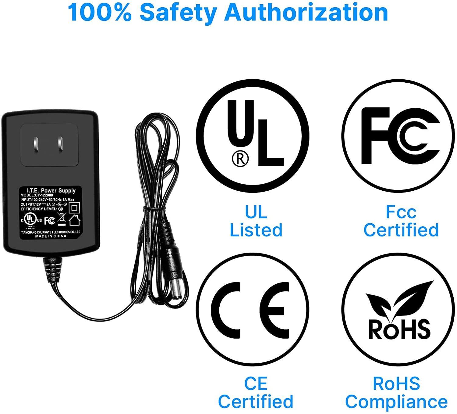 Hiseeu 3ft AC 100-240V to DC 12V 2A Power Supply Adapter Switching for CCTV Cameras DVR NVR LED Strip 5.5mmx2.1mm FCC - Hiseeu