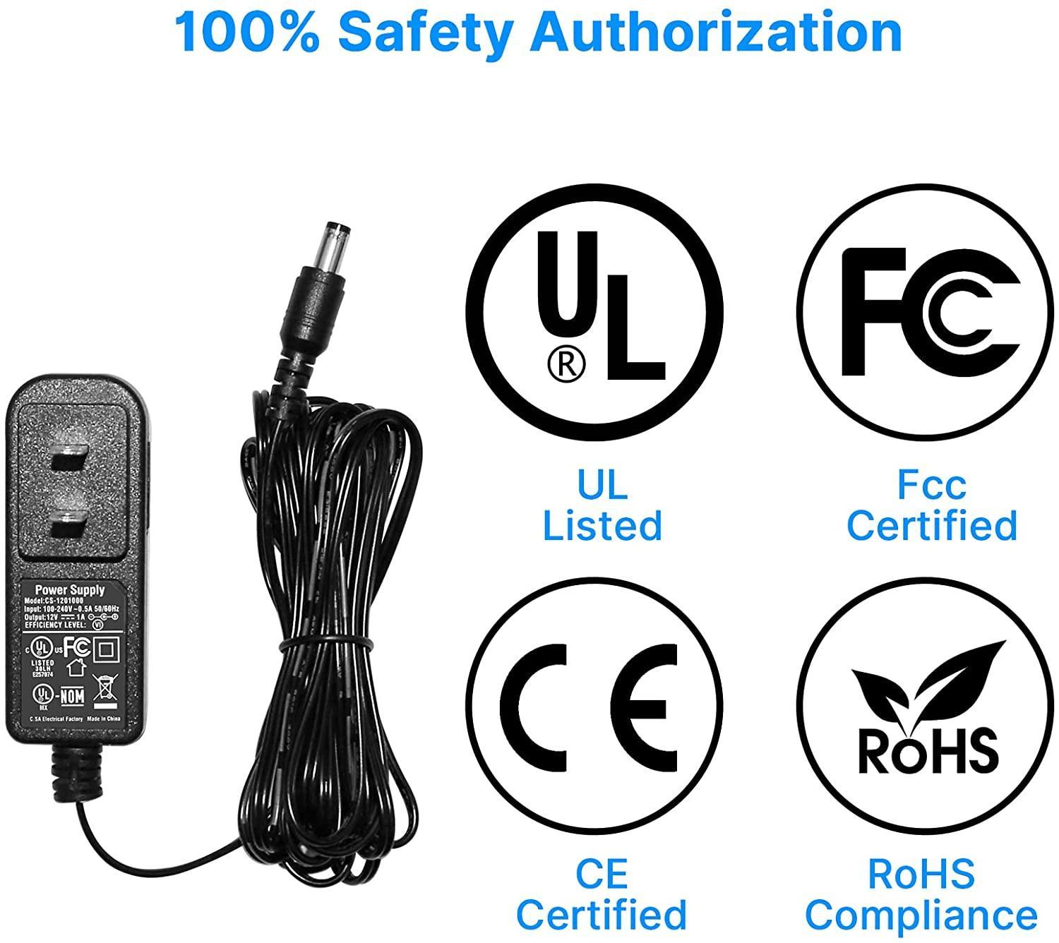 Hiseeu AC 100-240V to DC 12V 1A 1000mA 12W Power Supply 5.5 x 2.1mm FCC 10 Feet Cable Power Supply (12V-1000mA) Power Adapter for Security Cameras - Hiseeu