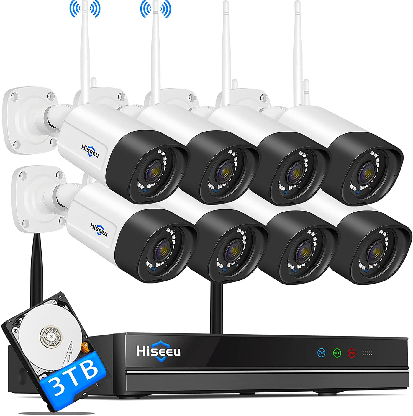 Hiseeu【Dual Wi-Fi,2-Way Audio】 2K WiFi Security Camera System,3TB Hard Drive,3 Megapixel, 8Channel CCTV System,Mobile&PC Remote,Outdoor IP66 Waterproof,Night Vision,Motion Alert,Plug&Play,7/24/Motion Record（Refurbished）