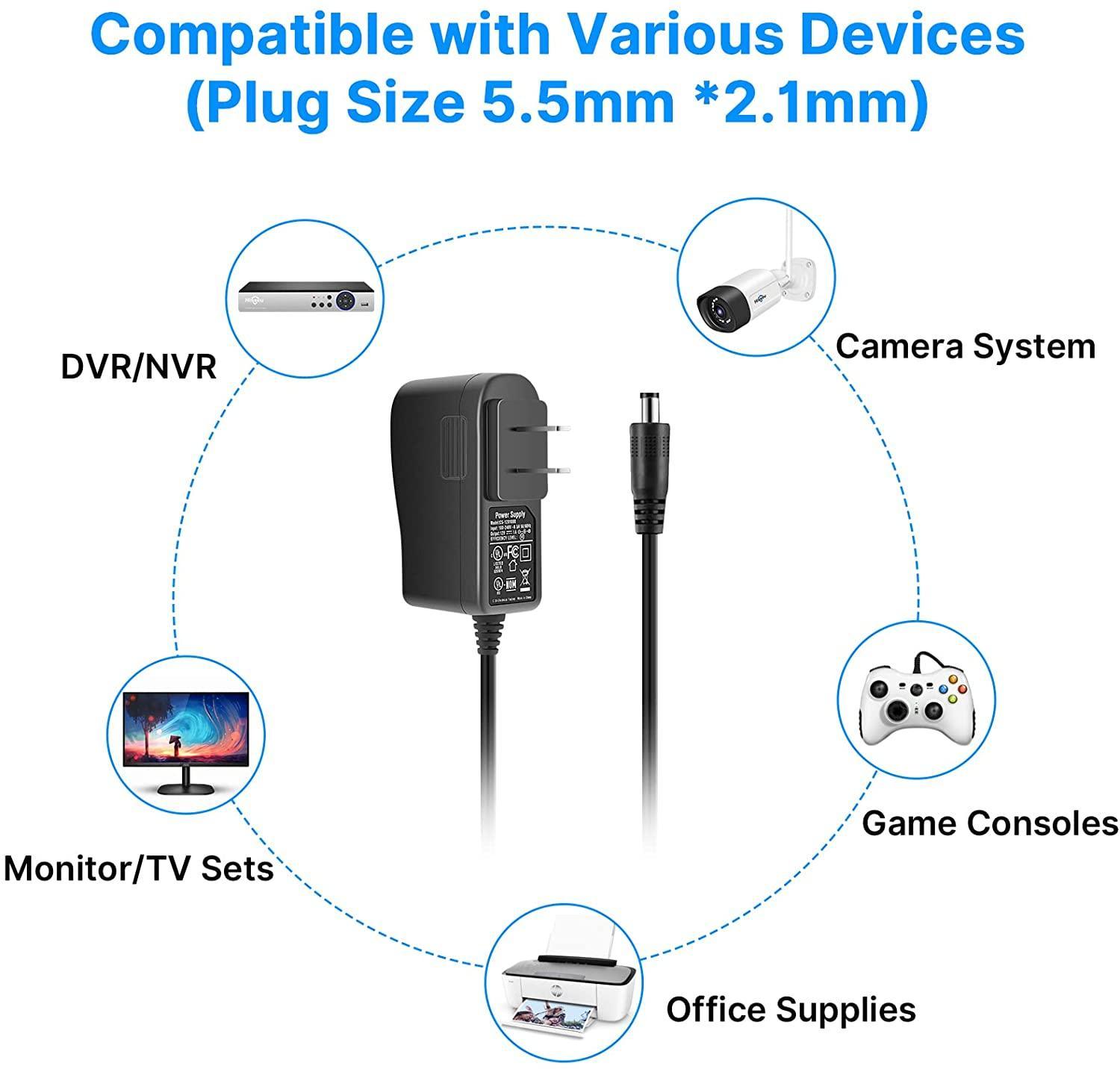 Hiseeu AC 100-240V to DC 12V 1A 1000mA 12W Power Supply 5.5 x 2.1mm FCC 10 Feet Cable Power Supply (12V-1000mA) Power Adapter for Security Cameras - Hiseeu