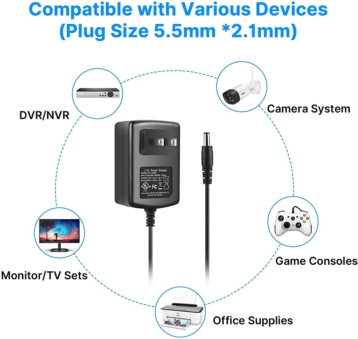 Hiseeu 3ft AC 100-240V to DC 12V 2A Power Supply Adapter Switching for CCTV Cameras DVR NVR LED Strip 5.5mmx2.1mm FCC - Hiseeu