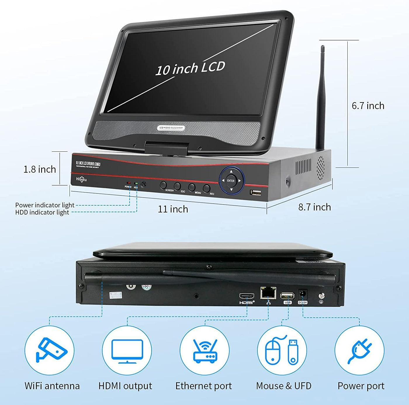 Hiseeu【No HDD/Power Adapter/Mouse】 10'' LCD Wireless WiFi NVR 8 Channels Network Video Recorder - Hiseeu