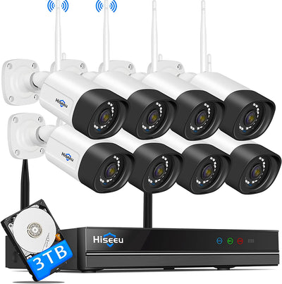 Hiseeu【Dual Wi-Fi,2-Way Audio】 2K WiFi Security Camera System,3TB Hard Drive,3 Megapixel, 8Channel CCTV System,Mobile&PC Remote,Outdoor IP66 Waterproof,Night Vision,Motion Alert,Plug&Play,7/24/Motion Record（Refurbished） - Hiseeu